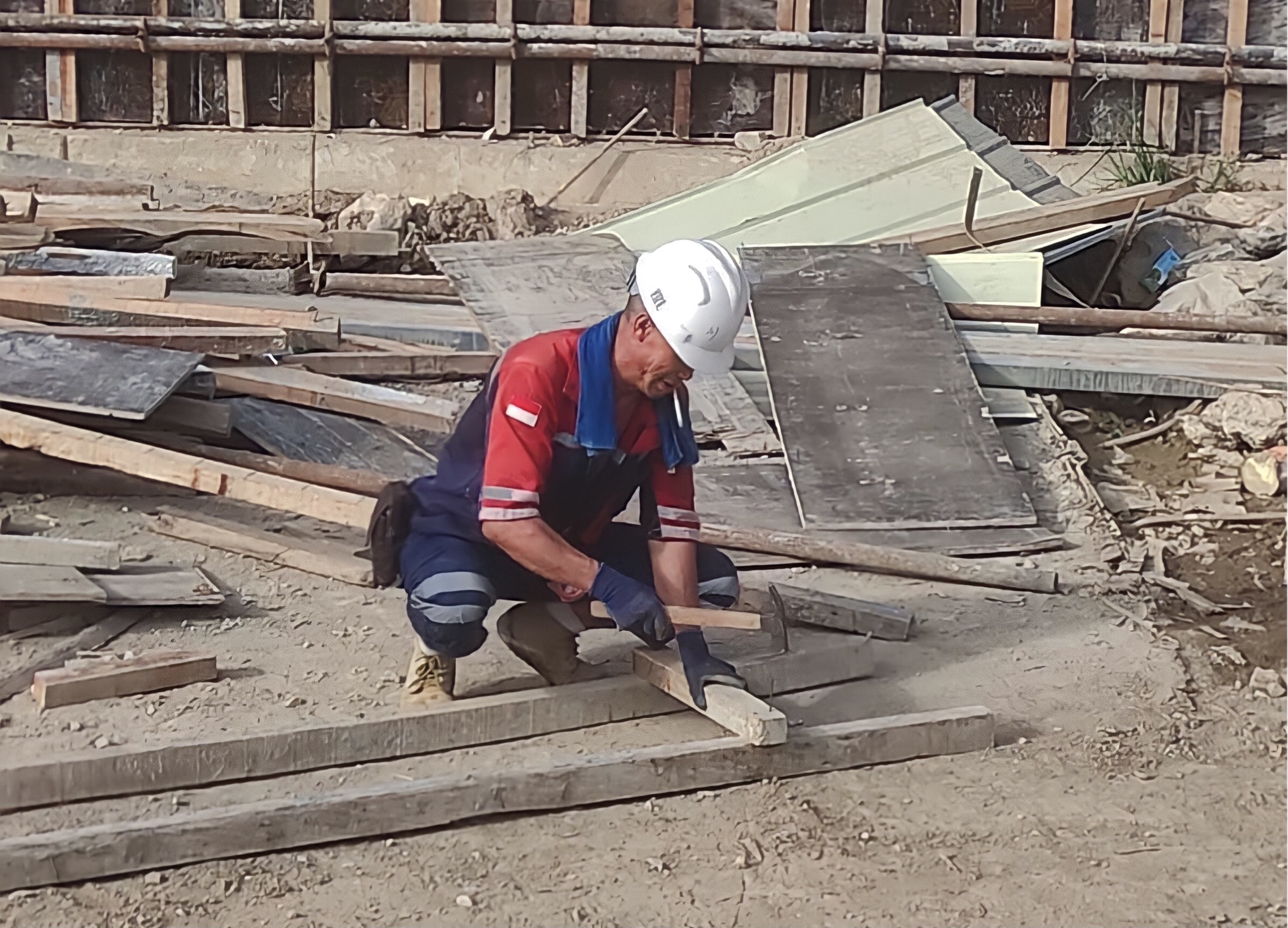  TKA non-skill asal China terlihat sedang mengayunkan palu ke arah bilah kayu yang hampir membentuk tangga. (Tim KJI)